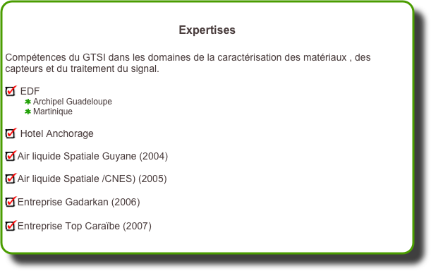 Expertises

Compétences du GTSI dans les domaines de la caractérisation des matériaux , des capteurs et du traitement du signal. 

 EDF
 Archipel Guadeloupe
 Martinique

 Hotel Anchorage

Air liquide Spatiale Guyane (2004)

Air liquide Spatiale /CNES) (2005)

Entreprise Gadarkan (2006)

Entreprise Top Caraïbe (2007)